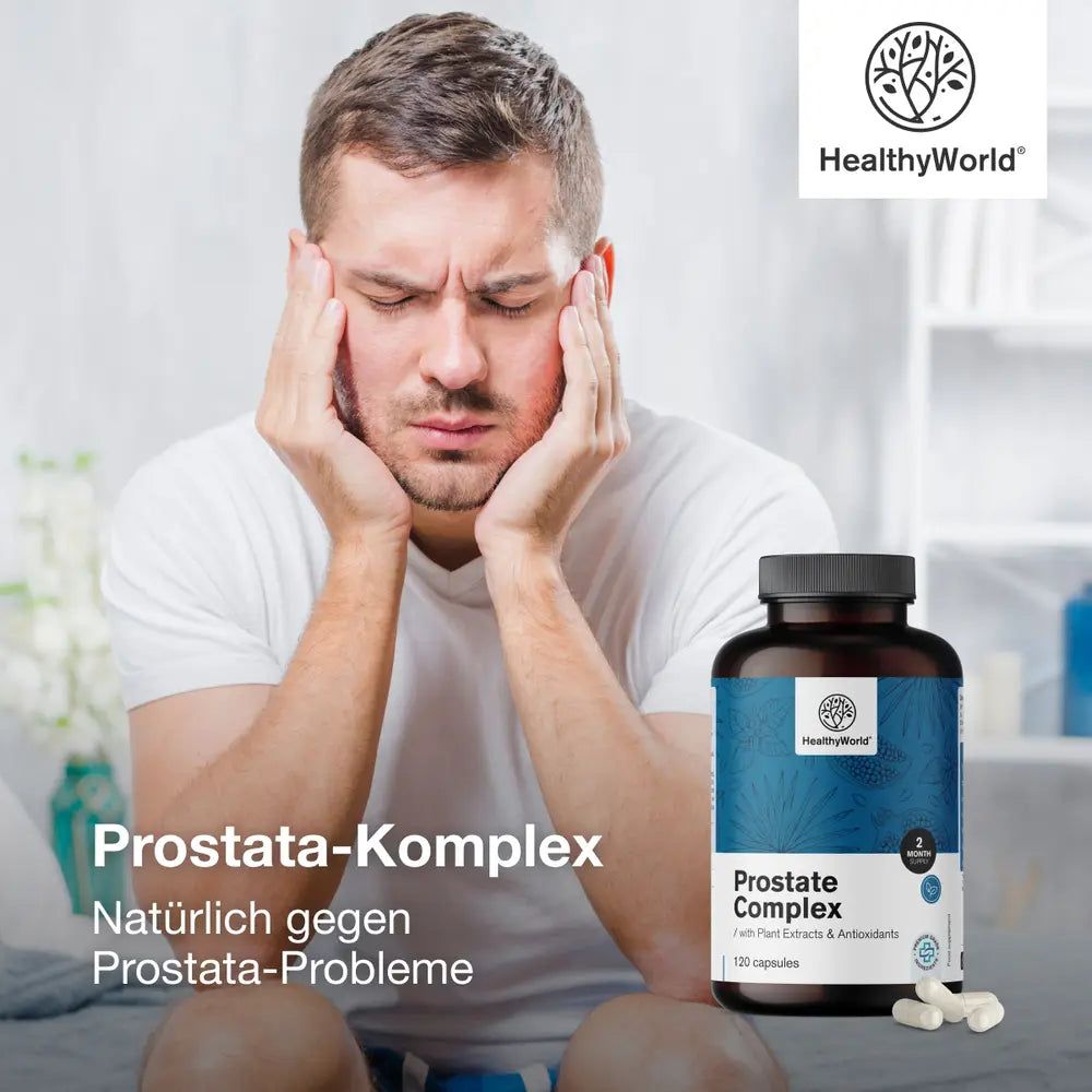 Mann hält sich die Hände an den Kopf. Rechts: Flasche mit HealthyWorld Prostate Complex. Text: Natürlich gegen Prostata-Probleme.