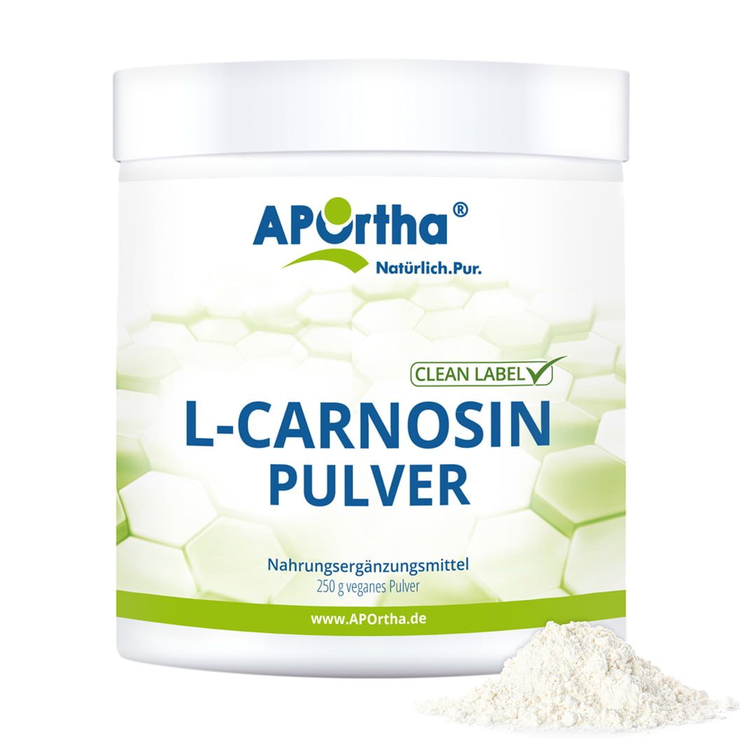 APOrtha L-Carnosin Pulver, 250 g. Weiße Dose mit grünem Deckel. Produktname und Clean Label-Zertifizierung.