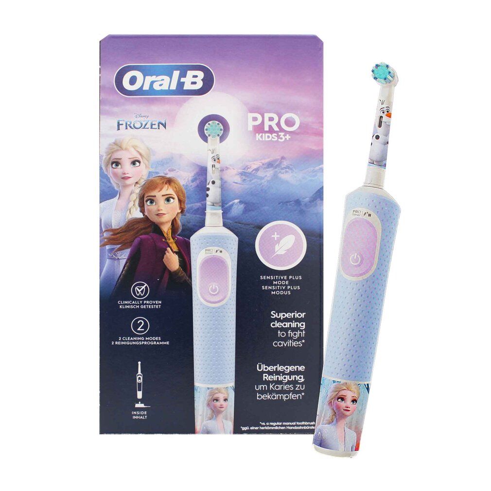 Oral-B Pro Kids 3+ Zahnbürste und Verpackung. Frozen-Motiv. Blaue Zahnbürste mit lila Knopf. Verpackung mit Produktinformationen.