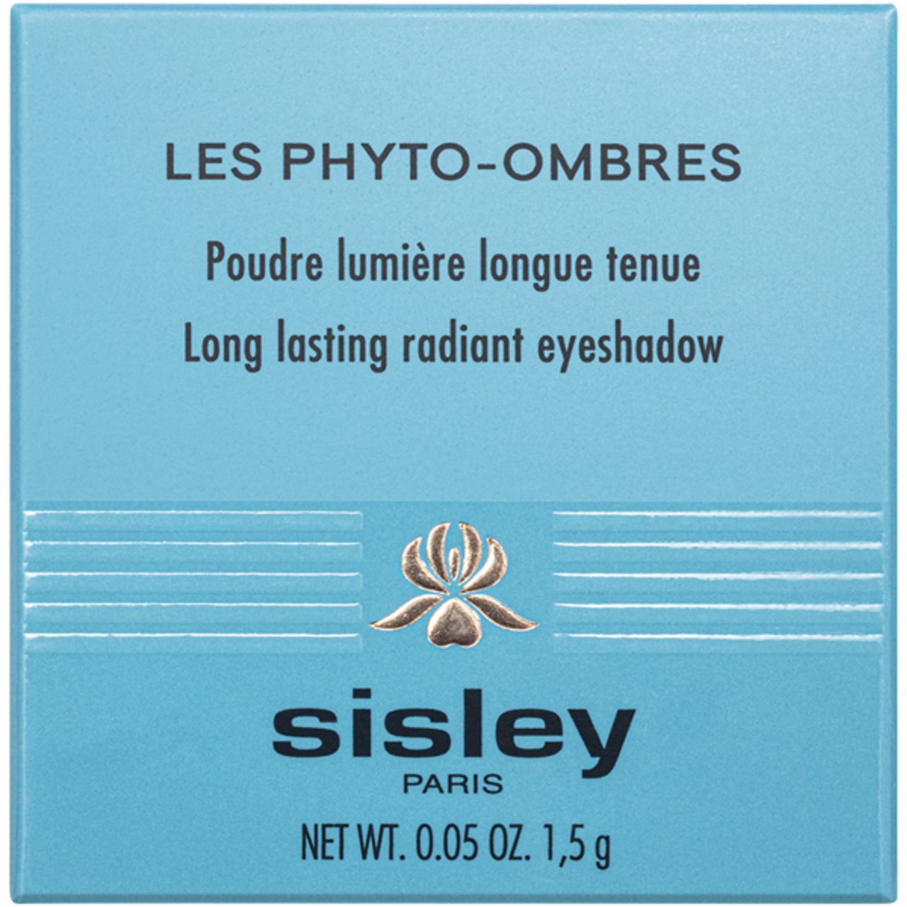 Türkisfarbene Schachtel mit Produktinformationen. Text: Les Phyto-Ombres, Sisley, 1,5 g.