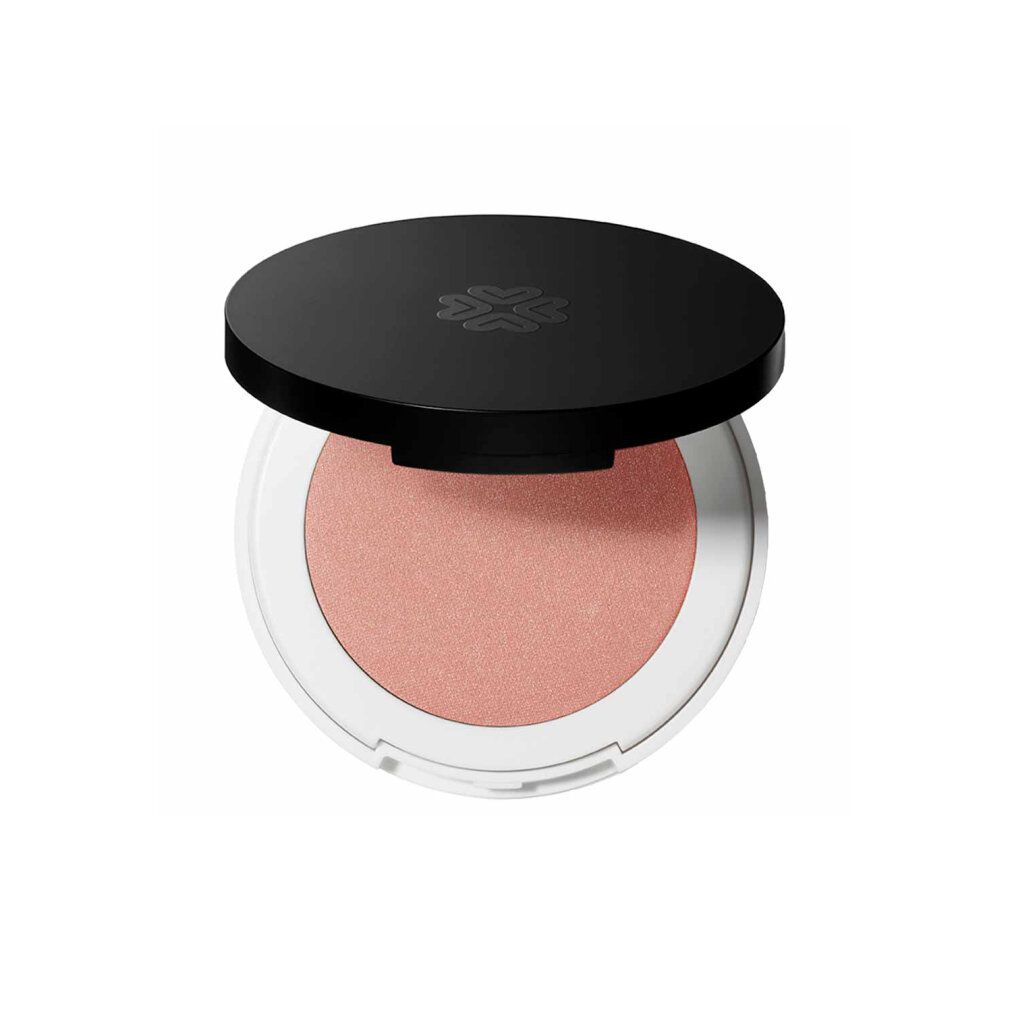 Runder, kompakter Rouge-Puder mit schwarzem Deckel. Rosa Farbton, weißer Rand. Deckel mit Logo.