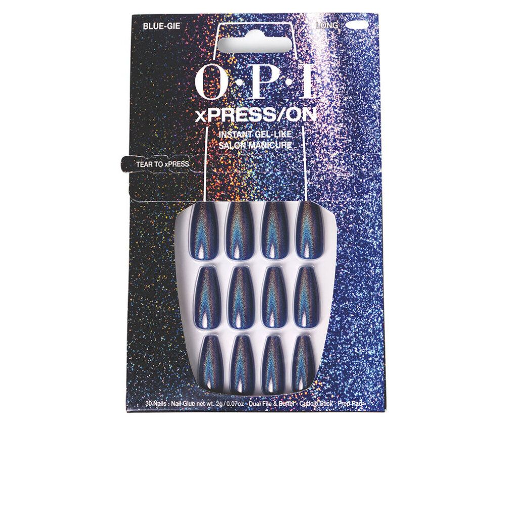 OPI XPRESS/ON künstliche Nägel, blau. 12 ovale Nägel in einer weißen Halterung, verpackt in einer Blisterkarte mit Markenlogo.