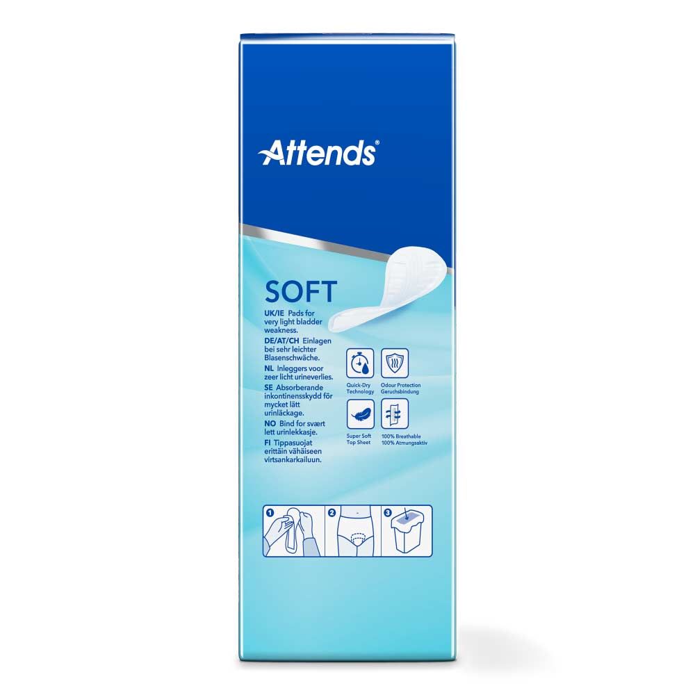Attends Soft Packungsrückseite. Blaue Verpackung mit Produktinformationen und Piktogrammen. Für sehr leichte Blasenschwäche.