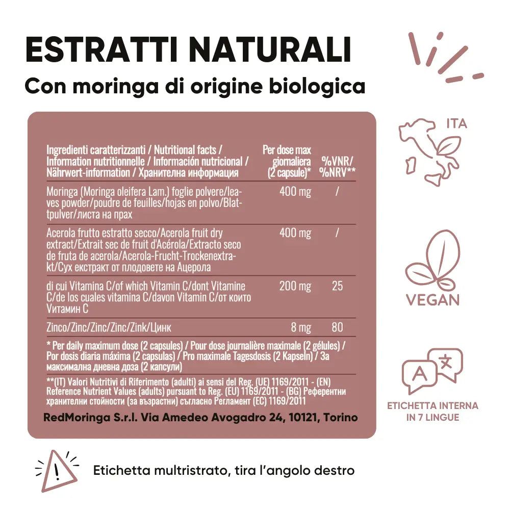Nährwertangaben. Text: Moringa, Acerola, Zink. Vegan-Siegel. Mehrsprachiges Etikett. Aufschrift: Natürliche Extrakte.