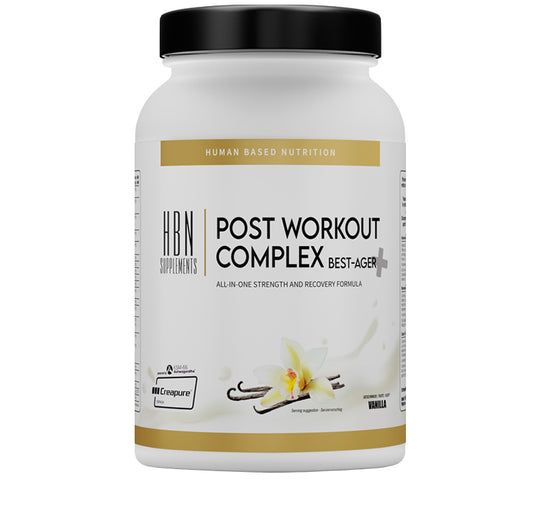 Weiße Dose mit schwarzem Deckel. Aufschrift: HBN Supplements, Post Workout Complex Best-Ager. Goldfarbene Akzente.