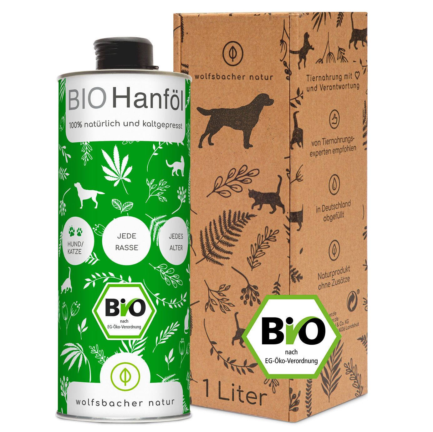 Grüne Dose mit "BIO Hanföl"-Etikett und brauner Karton. Beide zeigen Logos und Text. 1 Liter.