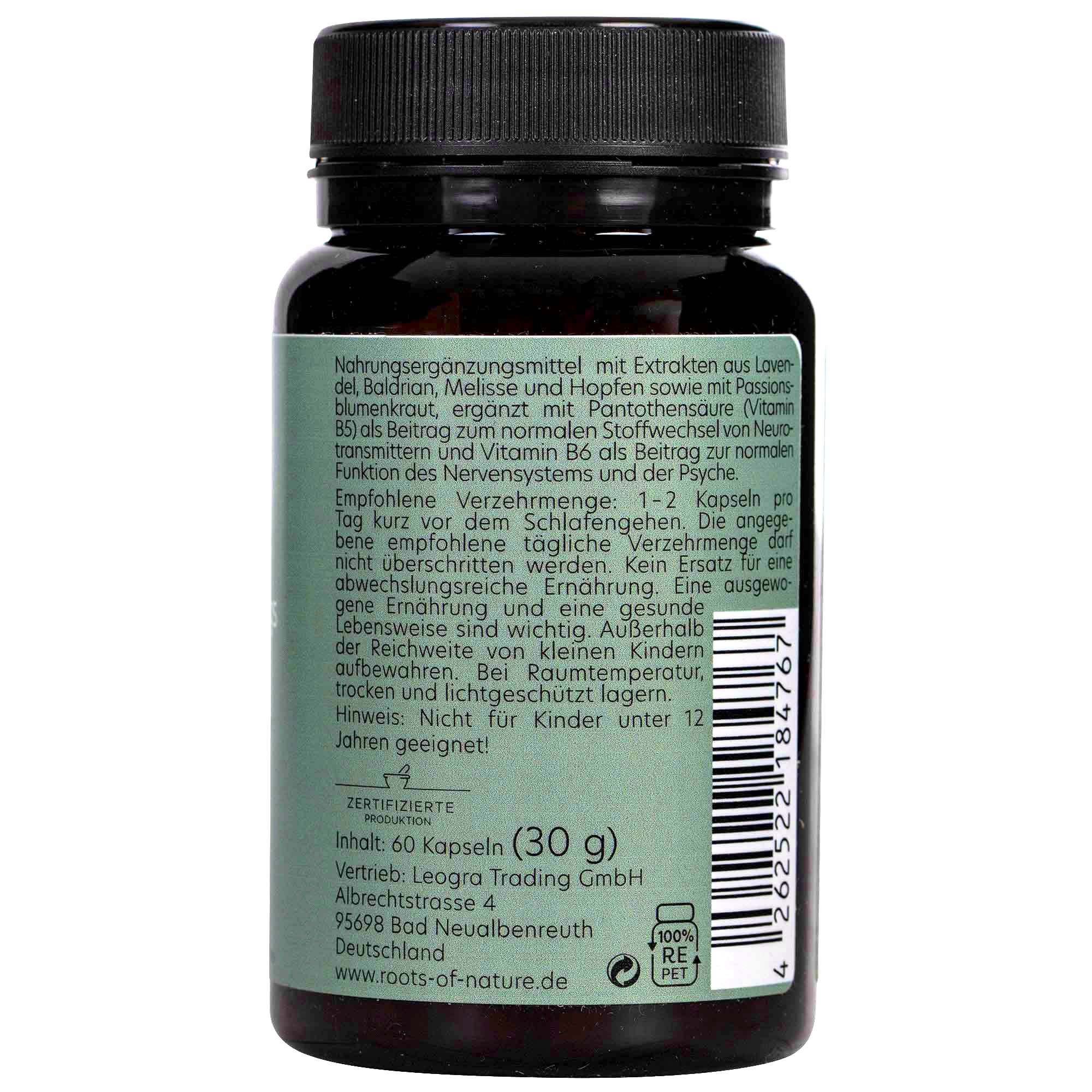 Braune Flasche mit grüner Beschriftung. Text: Nahrungsergänzungsmittel. Enthält 60 Kapseln. Mit Zertifizierung.