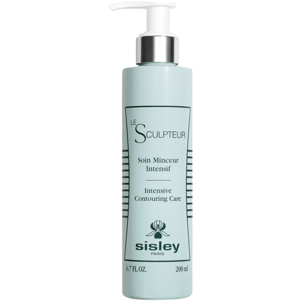 Hellgrüne Flasche mit Pumpe. Aufschrift: Le Sculpteur, Soin Minceur Intensif, Intensive Contouring Care. Marke: Sisley.