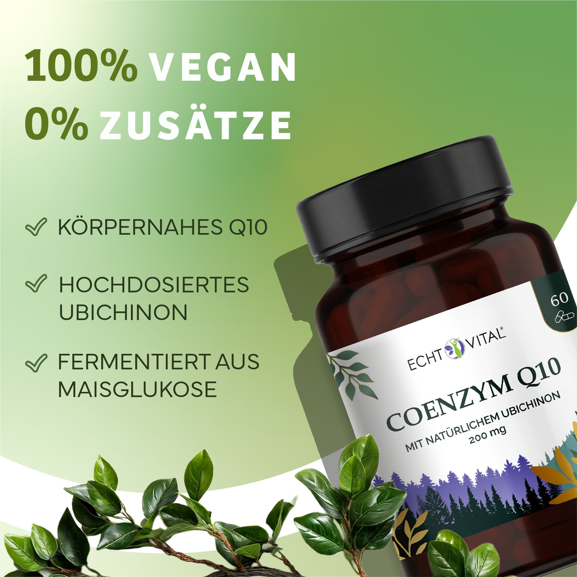 Braune Glasflasche mit schwarzem Deckel. Aufschrift: Echt Vital Coenzym Q10. 60 Kapseln. 100% vegan, 0% Zusätze. Mit natürlichem Ubichinon.