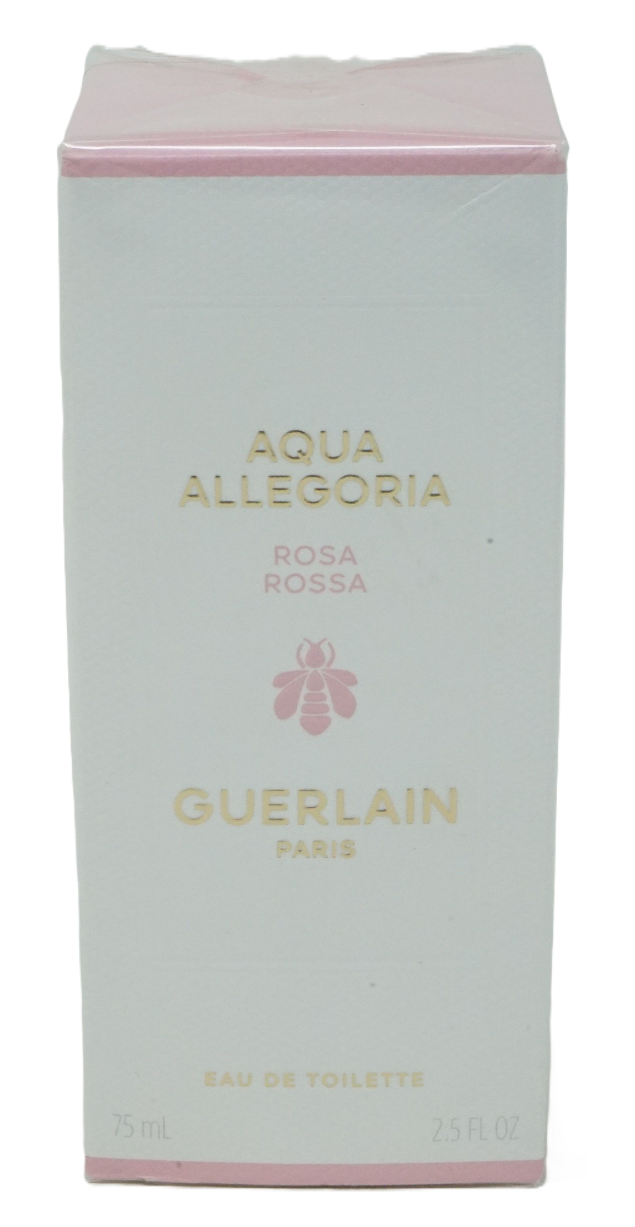 Weiße Verpackung mit rosa Akzenten. Aufschrift: Aqua Allegoria Rosa Rossa, Guerlain Paris, Eau de Toilette.