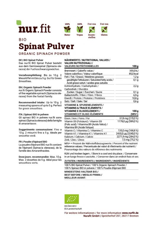 nur.fit BIO Spinat Pulver