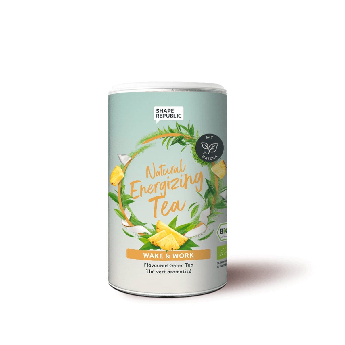 Zylindrische Dose mit Aufschrift Shape Republic. Aufschrift: Natural Energizing Tea, Wake & Work. Mit Ananas und Matcha.