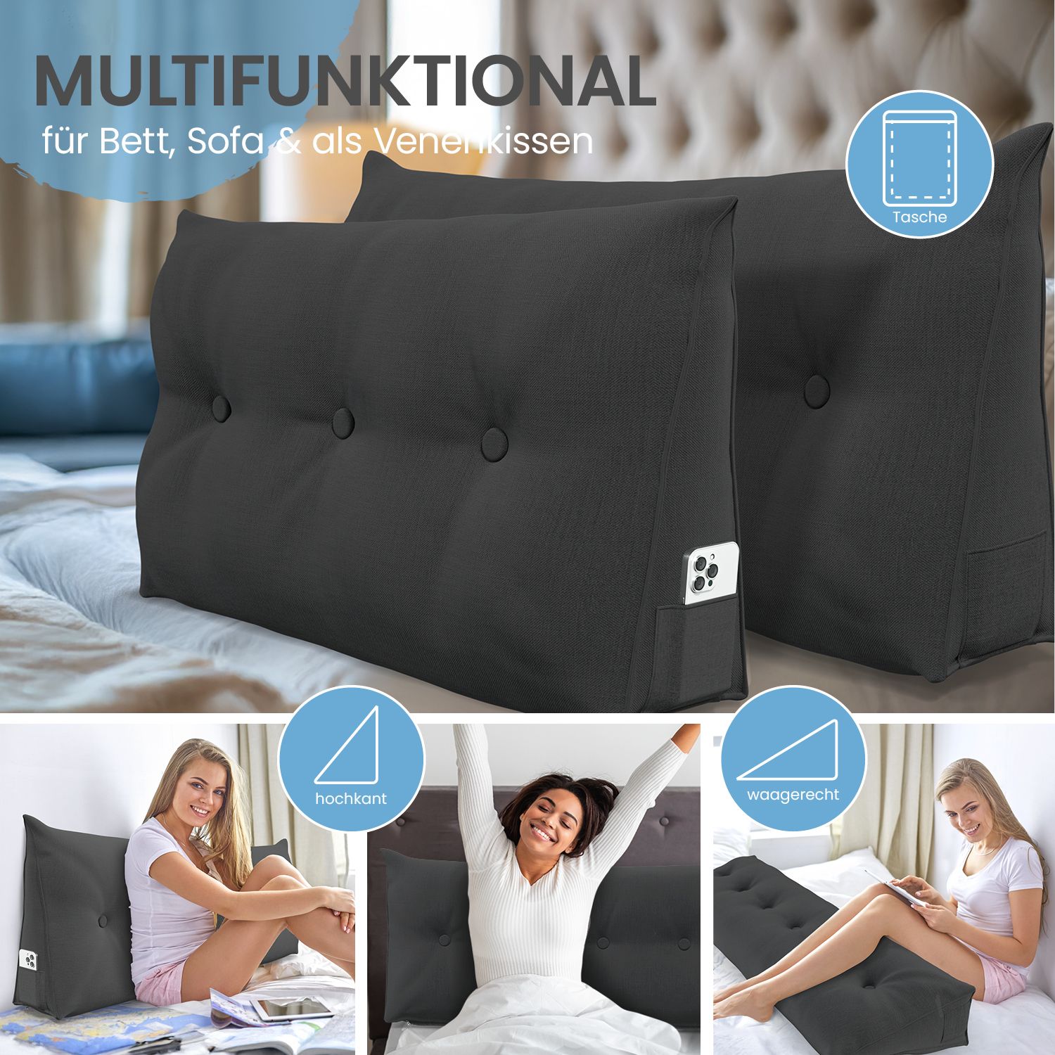 Graues Keilkissen mit Knöpfen. Mehrere Kissen im Bild. Text: Multifunktional. Smartphone in Seitentasche.