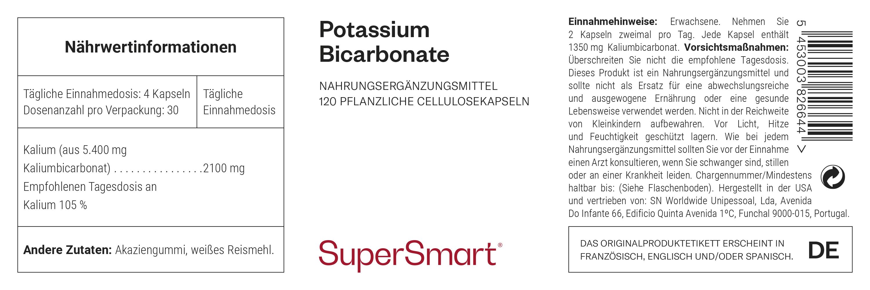 Etikett mit Informationen zu Kaliumbikarbonat-Nahrungsergänzungsmitteln. Enthält Nährwertangaben, Dosierungshinweise und die Marke SuperSmart.