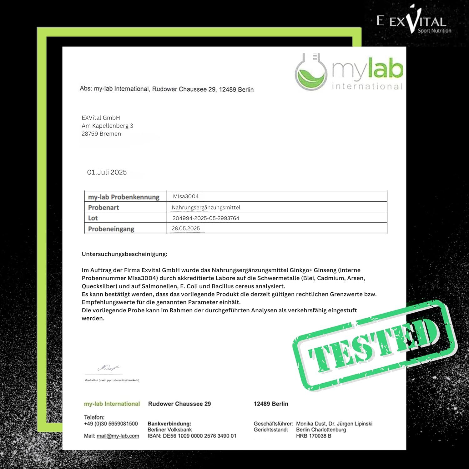 Dokument von mylab international mit Analyseergebnissen für EXVital Ginkgo+Ginseng. Getestet-Stempel.