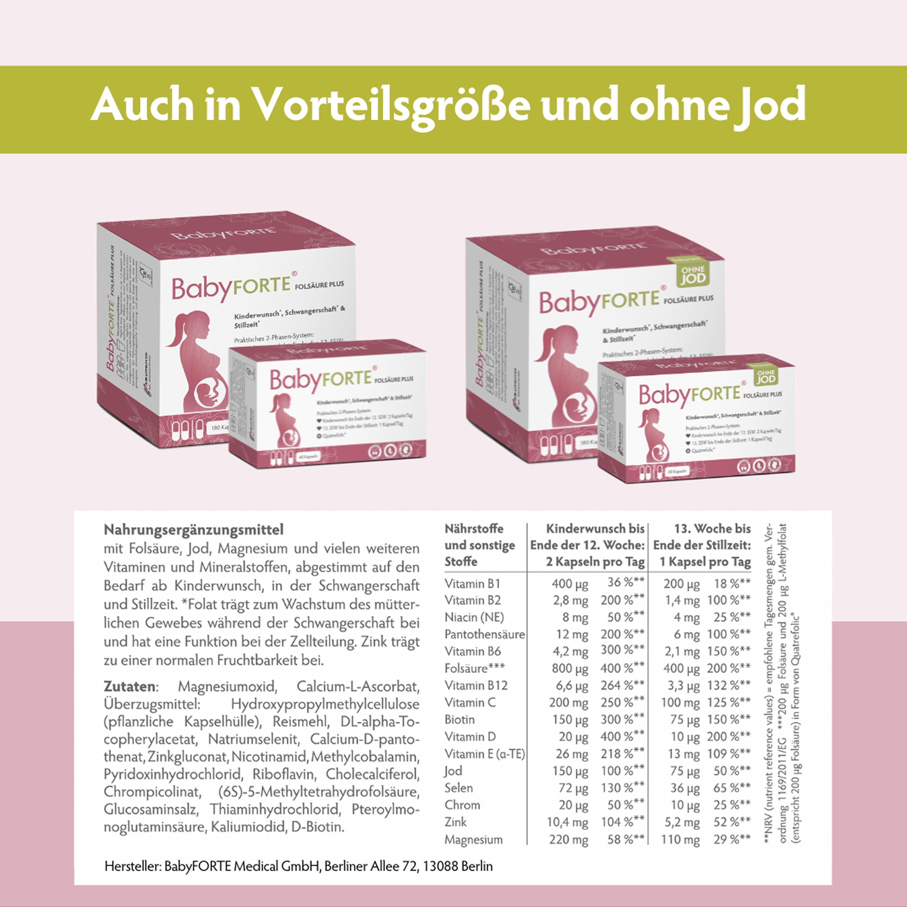 Zwei BabyFORTE®-Verpackungen. Text: Auch in Vorteilgröße und ohne Jod. Nährwerttabelle mit Inhaltsstoffen und Dosierung.