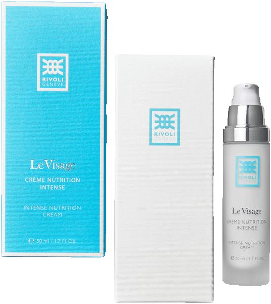 Creme-Flakon und zwei Schachteln. Aufschrift: Le Visage Crème Nutrition Intense. Marke: Rivoli Genève. Volumen: 50 ml.