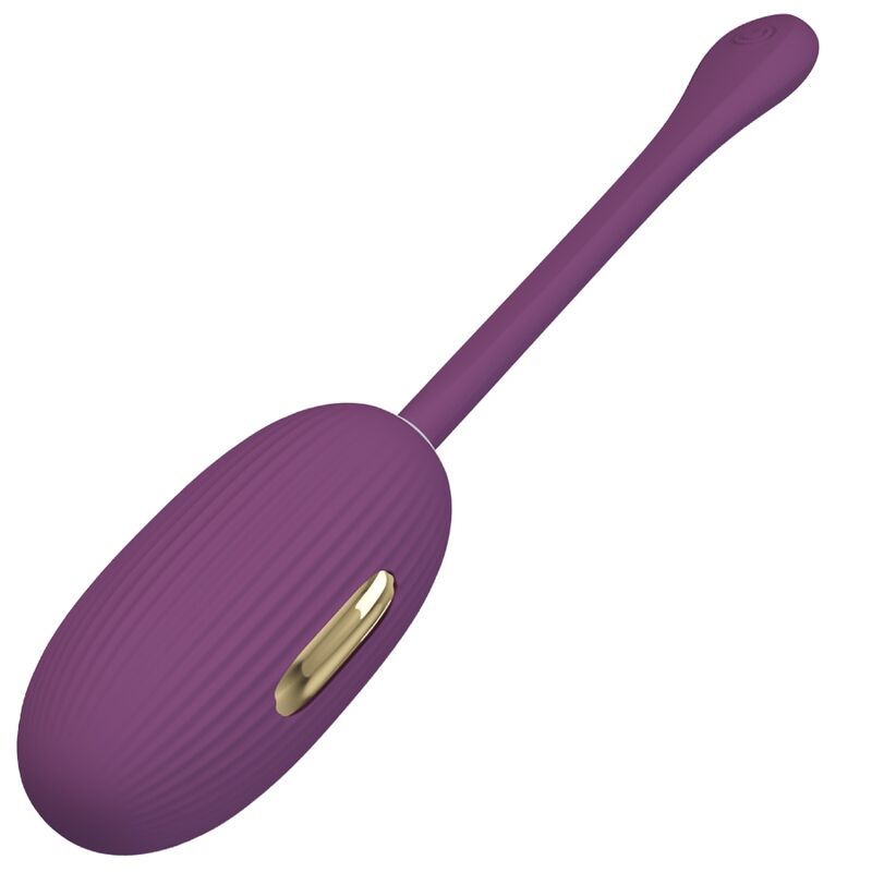 Lila Vibrations-Ei mit geriffelter Oberfläche und Stiel. Goldfarbene Akzente. Ergonomisches Design.