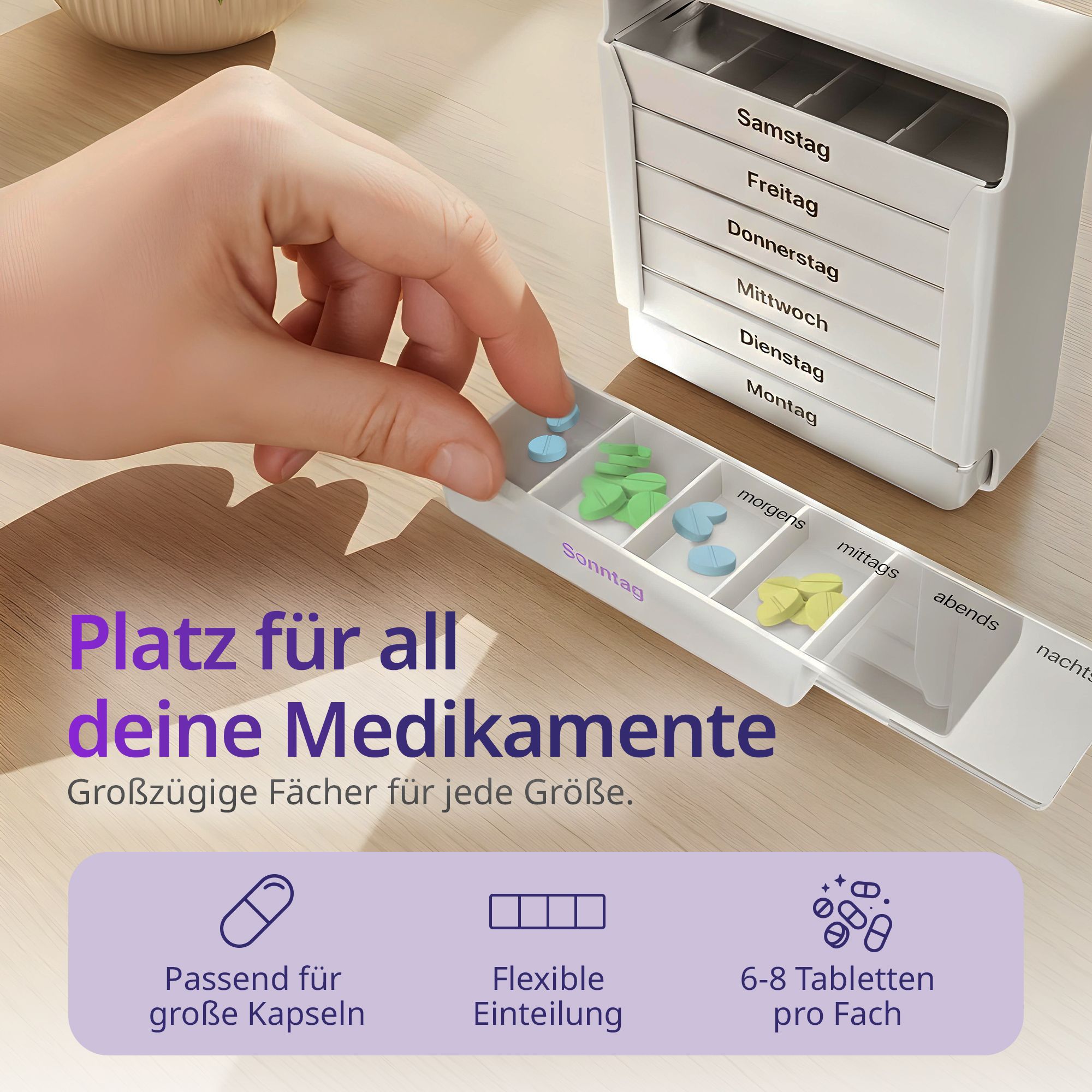 Weißer Tabletten-Organizer mit 7 Schubladen. Schublade mit Pillen. Flexible Einteilung.