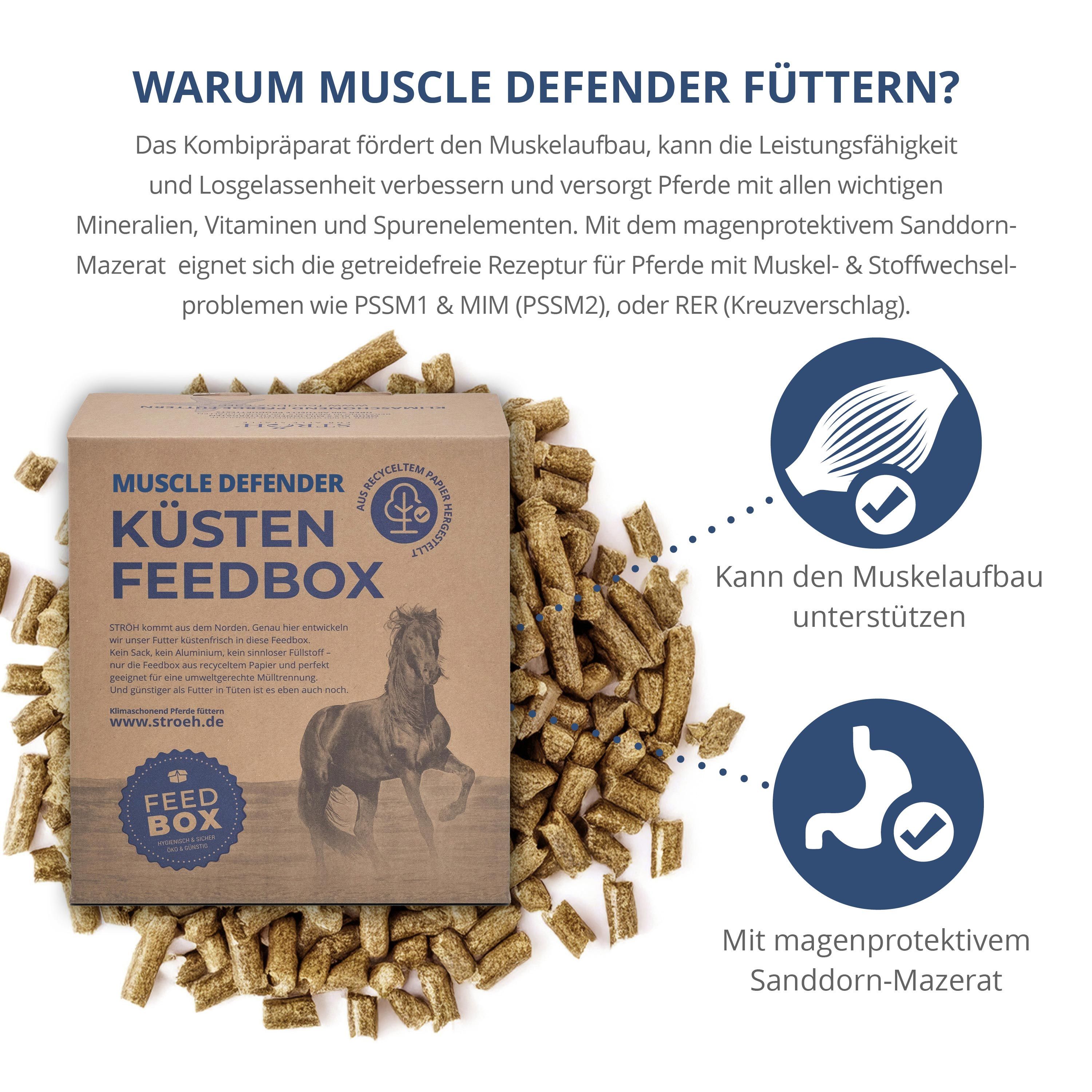 Karton "Muscle Defender Küsten Feedbox" mit Pellets. Text: Warum Muscle Defender füttern? Braune Verpackung, weißer Hintergrund.