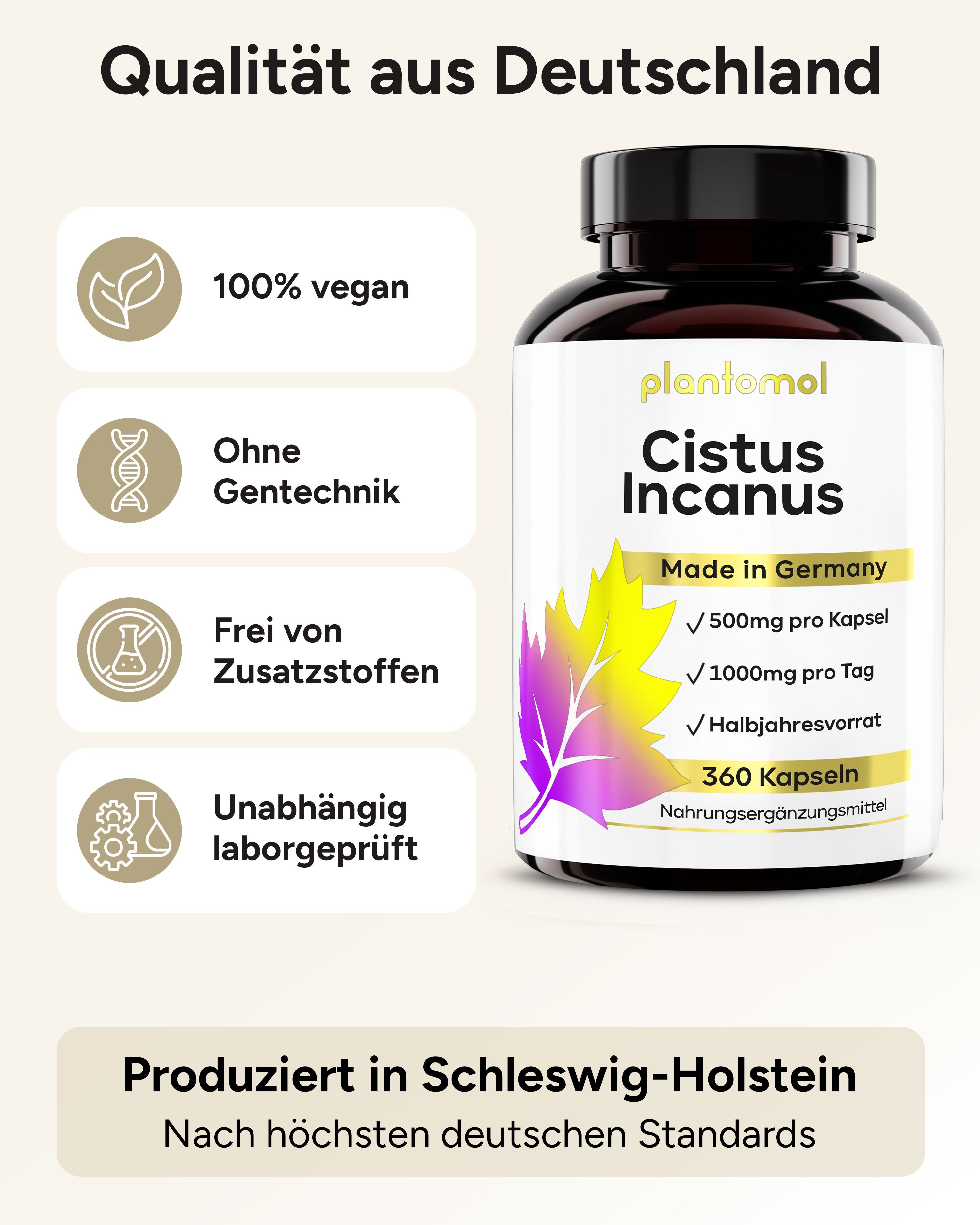 Flasche plantomol Cistus Incanus. Text: Qualität aus Deutschland, 100% vegan, ohne Gentechnik, laborgeprüft. 360 Kapseln.