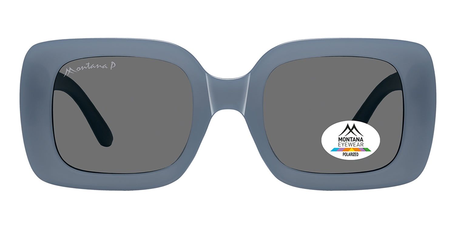 Blaue Sonnenbrille mit rechteckigen Gläsern. Montana Eyewear Logo und Polarisations-Aufkleber. Schwarze Bügel.