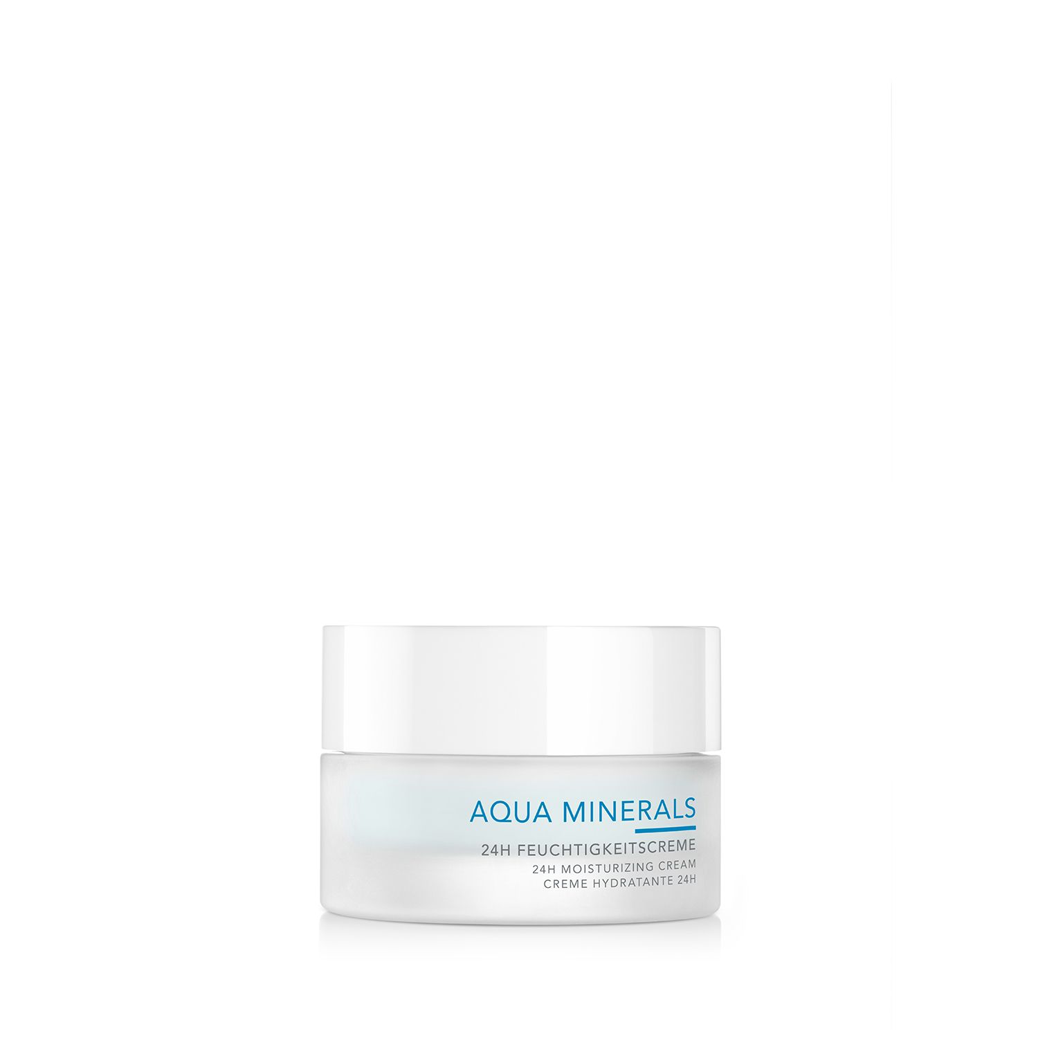 Creme-Tiegel mit weißem Deckel. Aufschrift: Aqua Minerals, 24H Feuchtigkeitscreme, Creme Hydratante 24H.