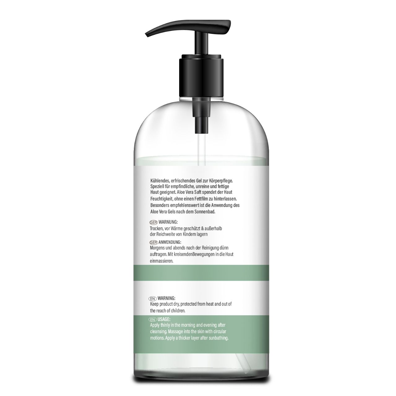 Rückseite einer transparenten Flasche mit schwarzem Pumpkopf. Etikett mit Text in deutscher und englischer Sprache.