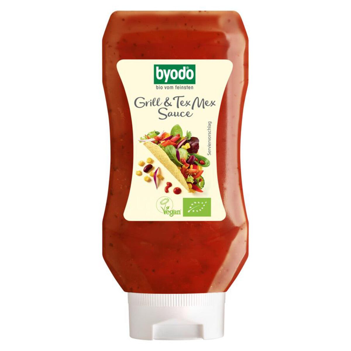 Flasche mit roter Sauce. Auf dem Etikett steht "Grill & Tex Mex Sauce" von "byodo". Vegan-Siegel und Bio-Logo.