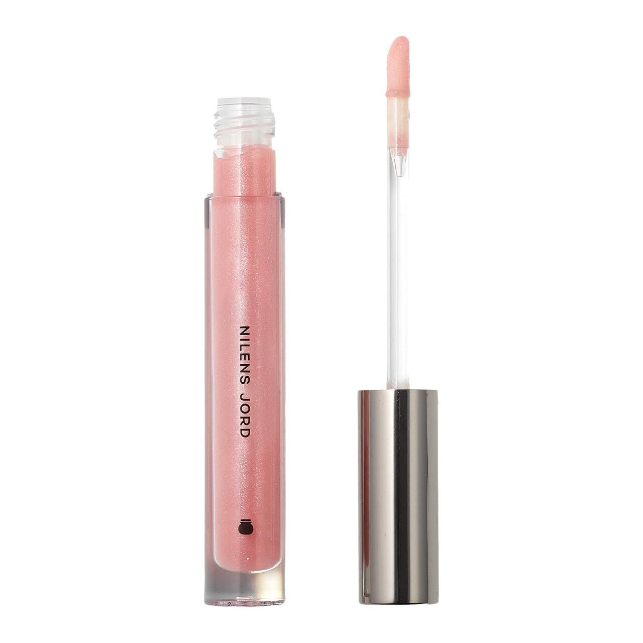 Lipgloss-Flakon mit Applikator. Rosa Flüssigkeit, silberfarbener Deckel. Aufschrift: NILENS JORD.