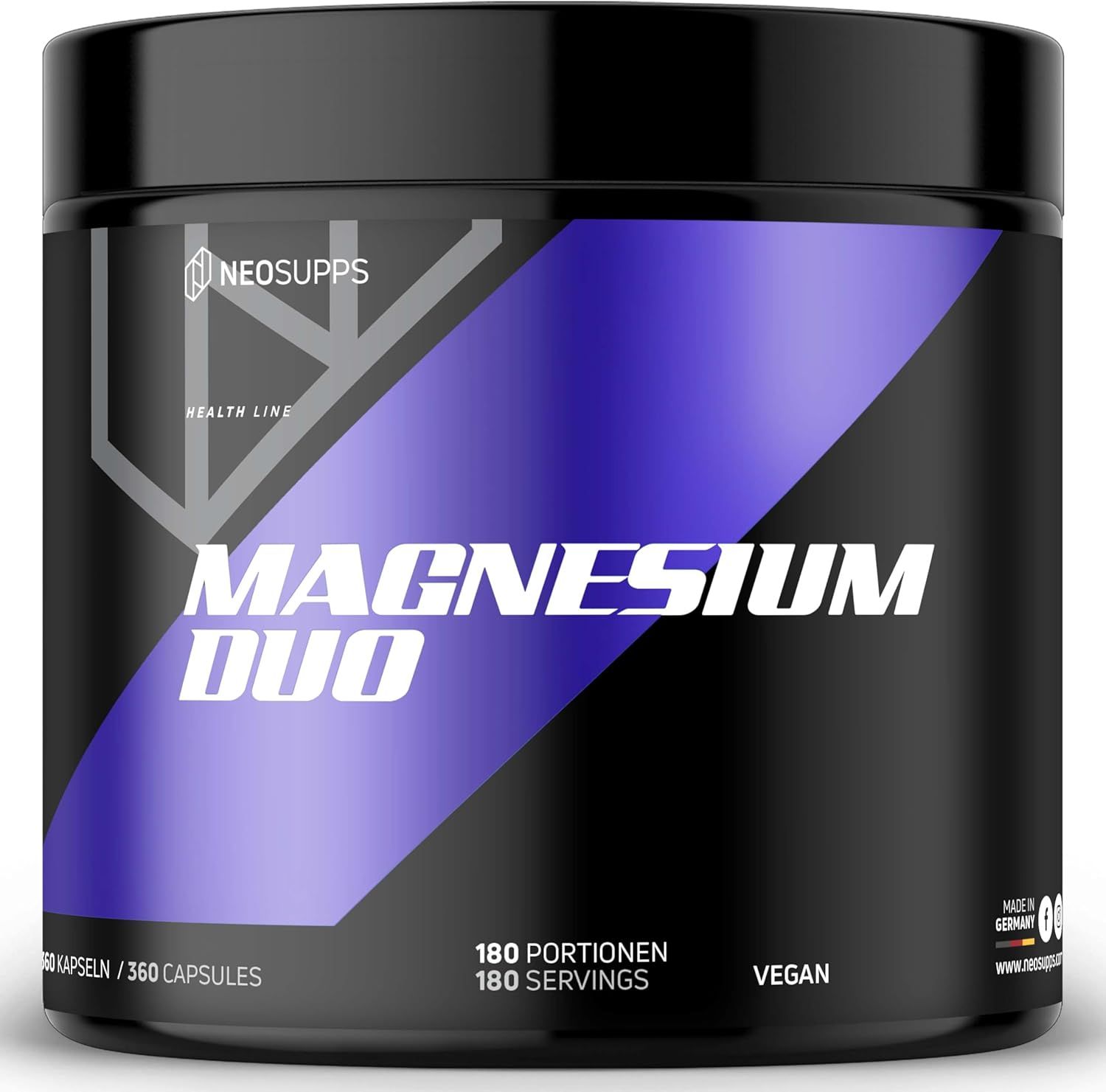 Magnesium Duo Dose. Schwarzer Behälter mit blauem Etikett. Text: Magnesium Duo, 180 Portionen, Vegan. Logo.