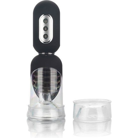 Schwarzes Gerät mit transparentem Zylinder und separatem Ring. Drei Knöpfe. Auf weißem Hintergrund.