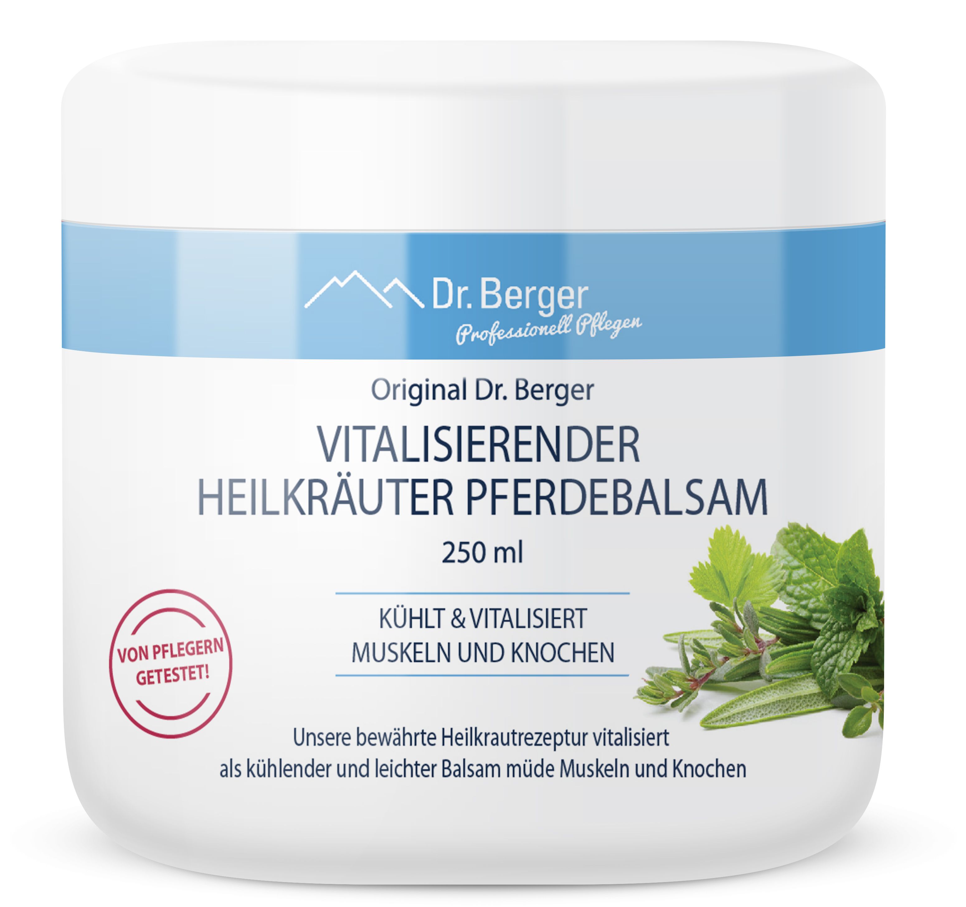 Weißer Tiegel mit blauem Streifen und Produktbezeichnung. Kräuterabbildung. Text: Vitalisierender Heilkräuter Pferdebalsam.