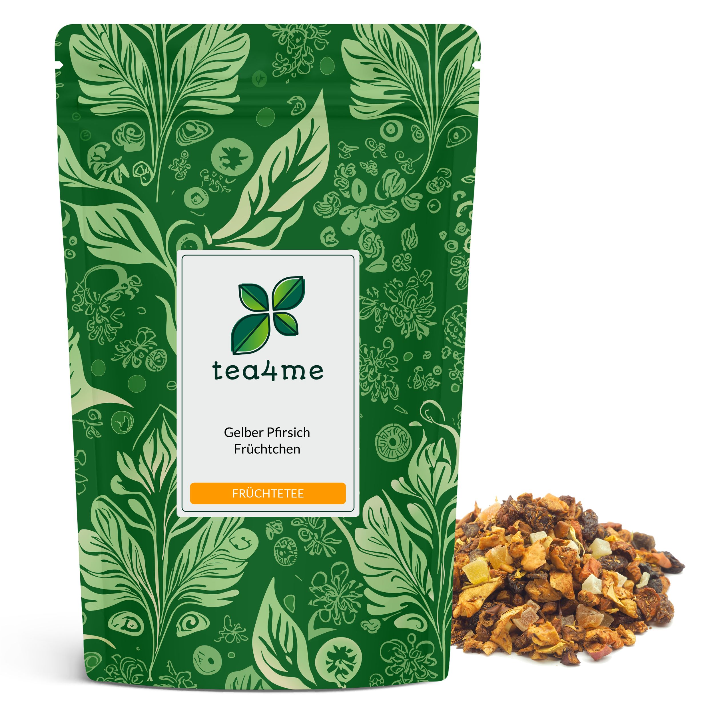 Grüner Beutel mit floralem Muster. Aufkleber mit Logo und Text: Gelber Pfirsich Früchtchen Früchtetee. Daneben loser Früchtetee.