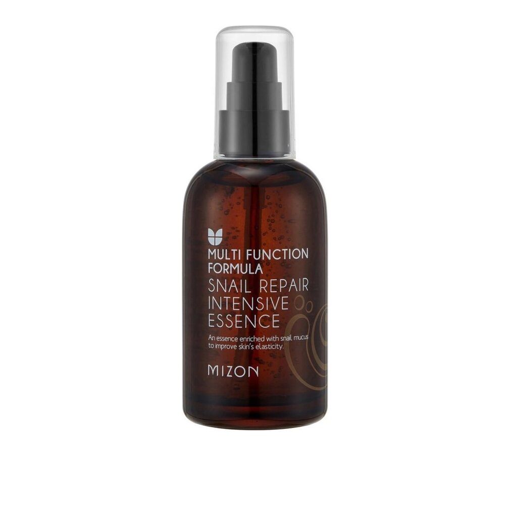 Braune Glasflasche mit schwarzem Pumpverschluss. Beschriftung: Snail Repair Intensive Essence, MIZON.