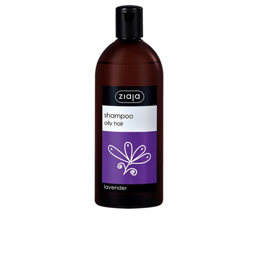 Ziaja Lavanda Shampoo für fettiges Haar. Braune Flasche mit schwarzem Verschluss und lila Etikett mit Lavendelmotiv.