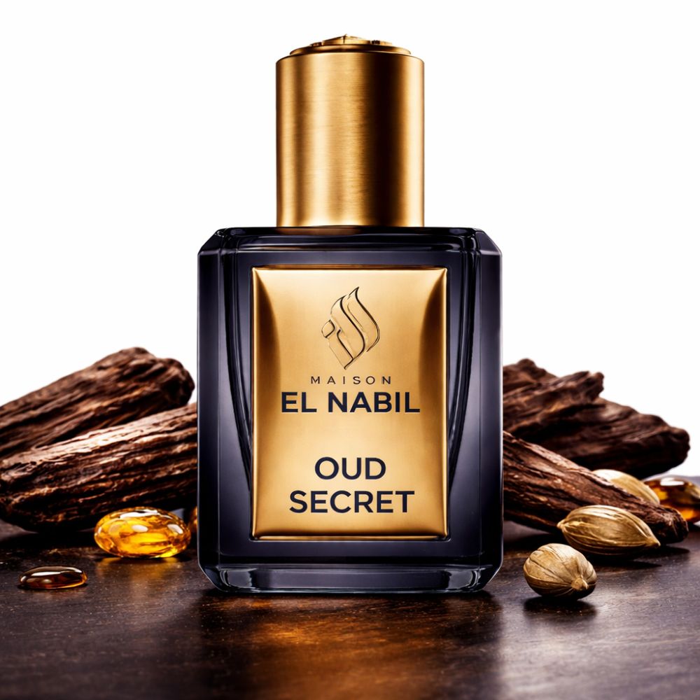 Dunkle Glasflasche mit goldfarbenem Verschluss. Goldfarbenes Etikett mit "EL NABIL OUD SECRET". Holzstücke und Samen umgeben die Flasche.