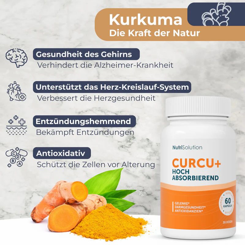 Eine Flasche NutriSolution CURCU+ neben Kurkuma und Blättern. Grafiken zeigen Vorteile: Gehirngesundheit, Herz-Kreislauf-System, Entzündungshemmung.