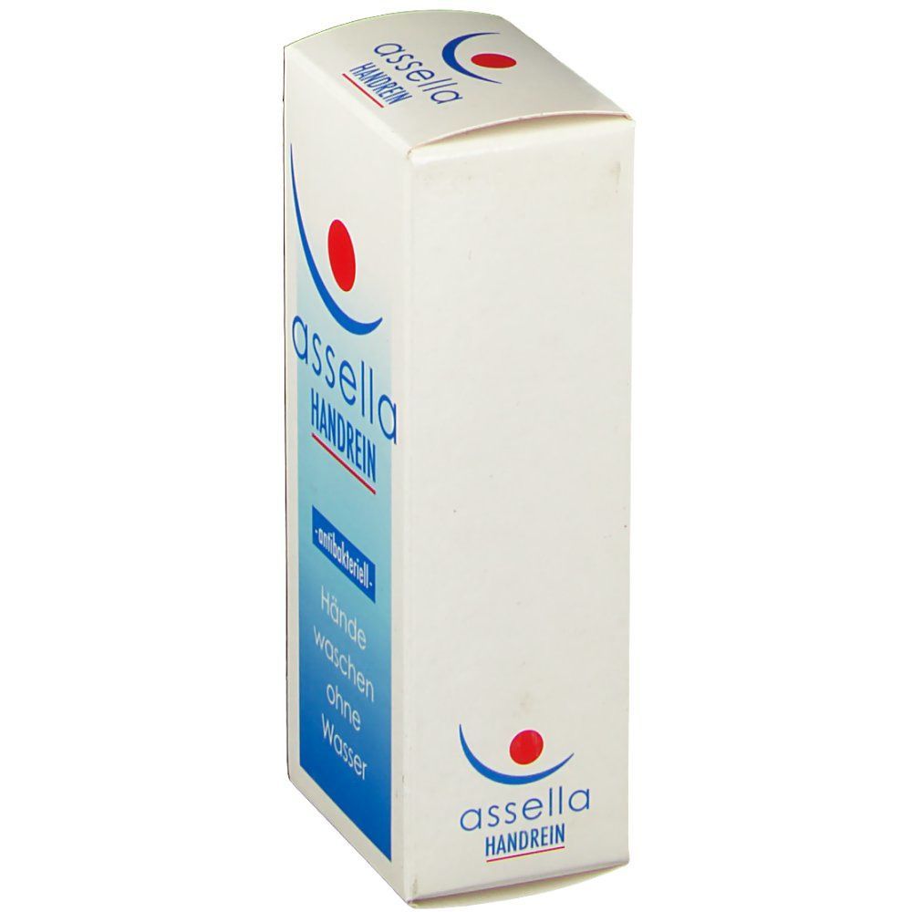 Weiße Schachtel, schräg gestellt. Blaues Logo mit rotem Punkt. Text: assella HANDREIN, -antibakteriell-, Hände waschen ohne Wasser.