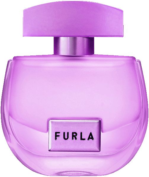 Lila Glasflakon mit silbernem Halsband und lilafarbener Kappe. Auf der Vorderseite befindet sich ein silbernes Etikett mit der Aufschrift "FURLA".
