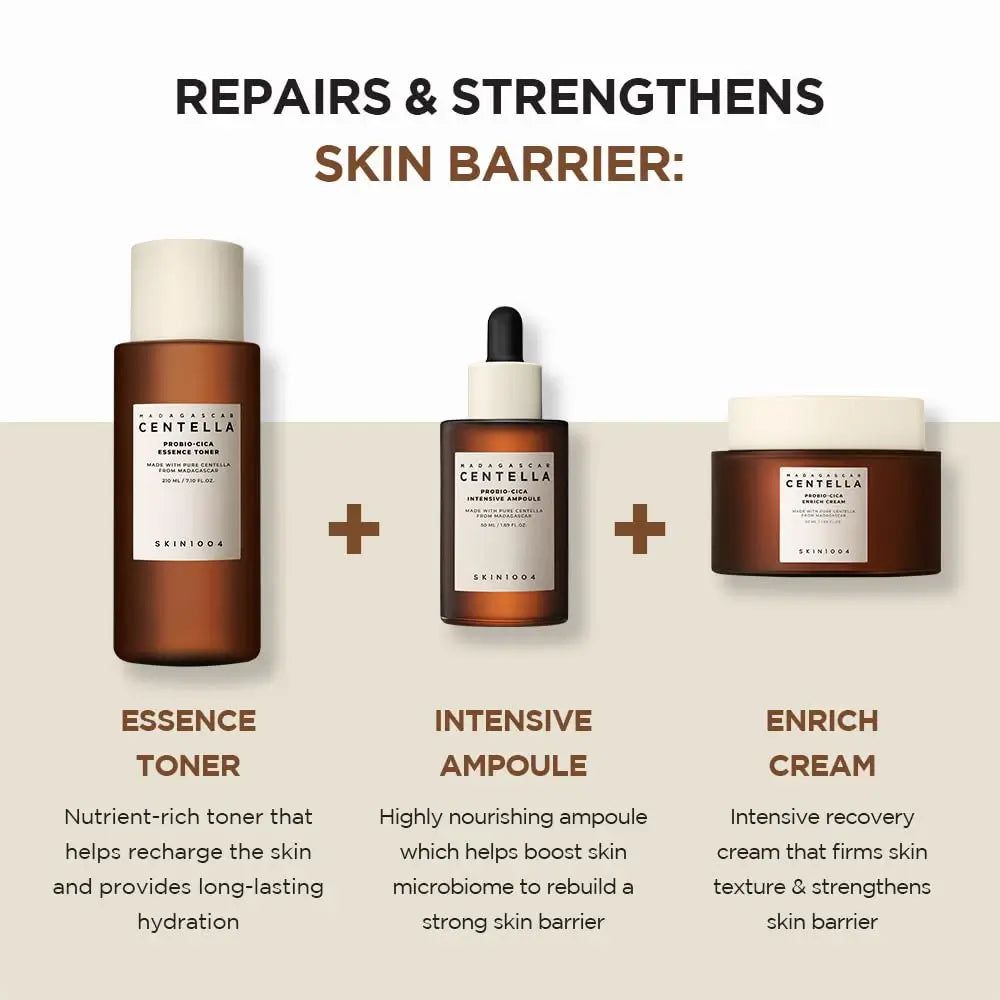 Drei Produkte: Essence Toner, Intensive Ampulle und Enrich Cream. Alle in braunen Flaschen/Tiegeln.