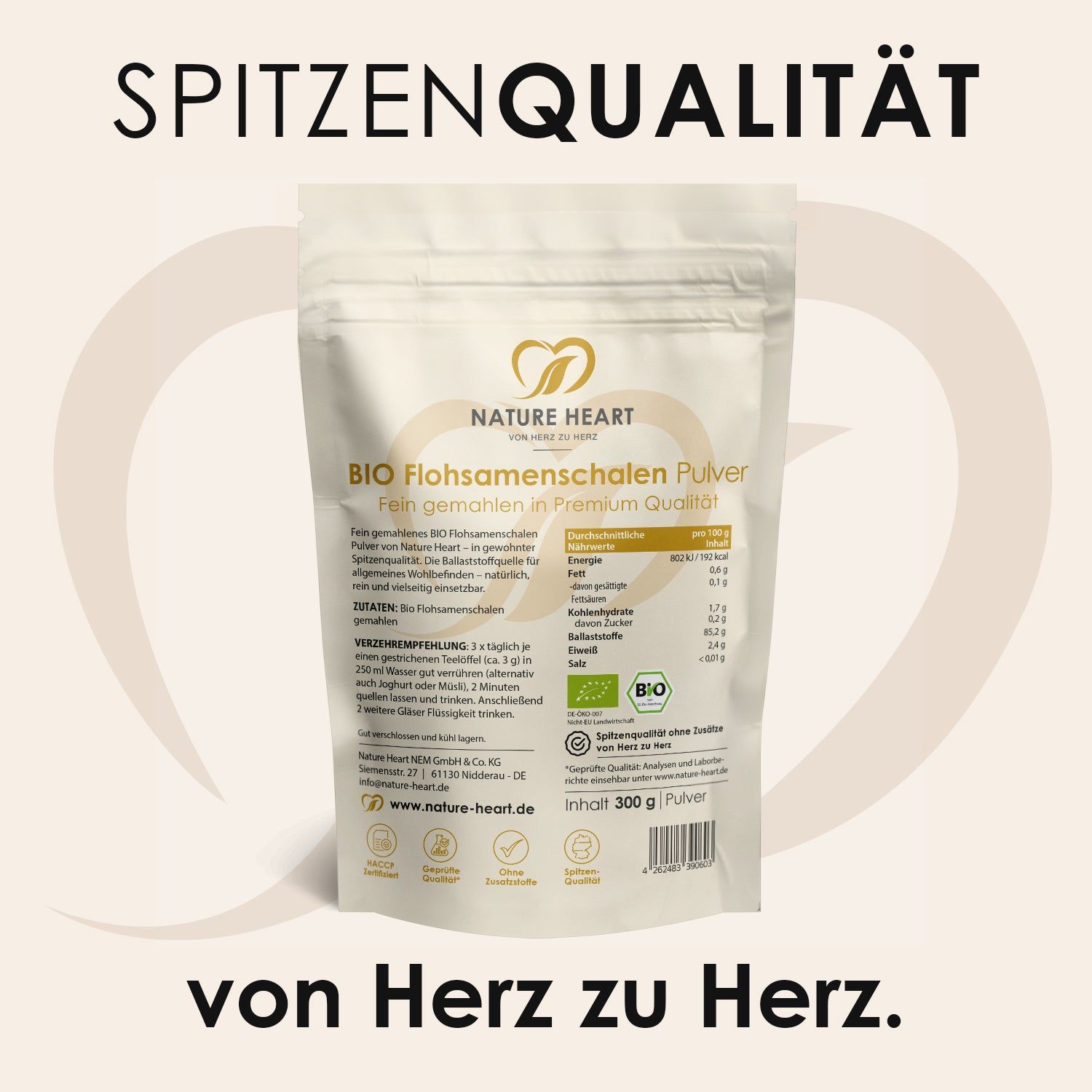 Rückseite der Produktverpackung. Text: BIO Flohsamenschalen Pulver, Nährwertangaben, BIO-Siegel, Inhalt 300 g, www.nature-heart.de.