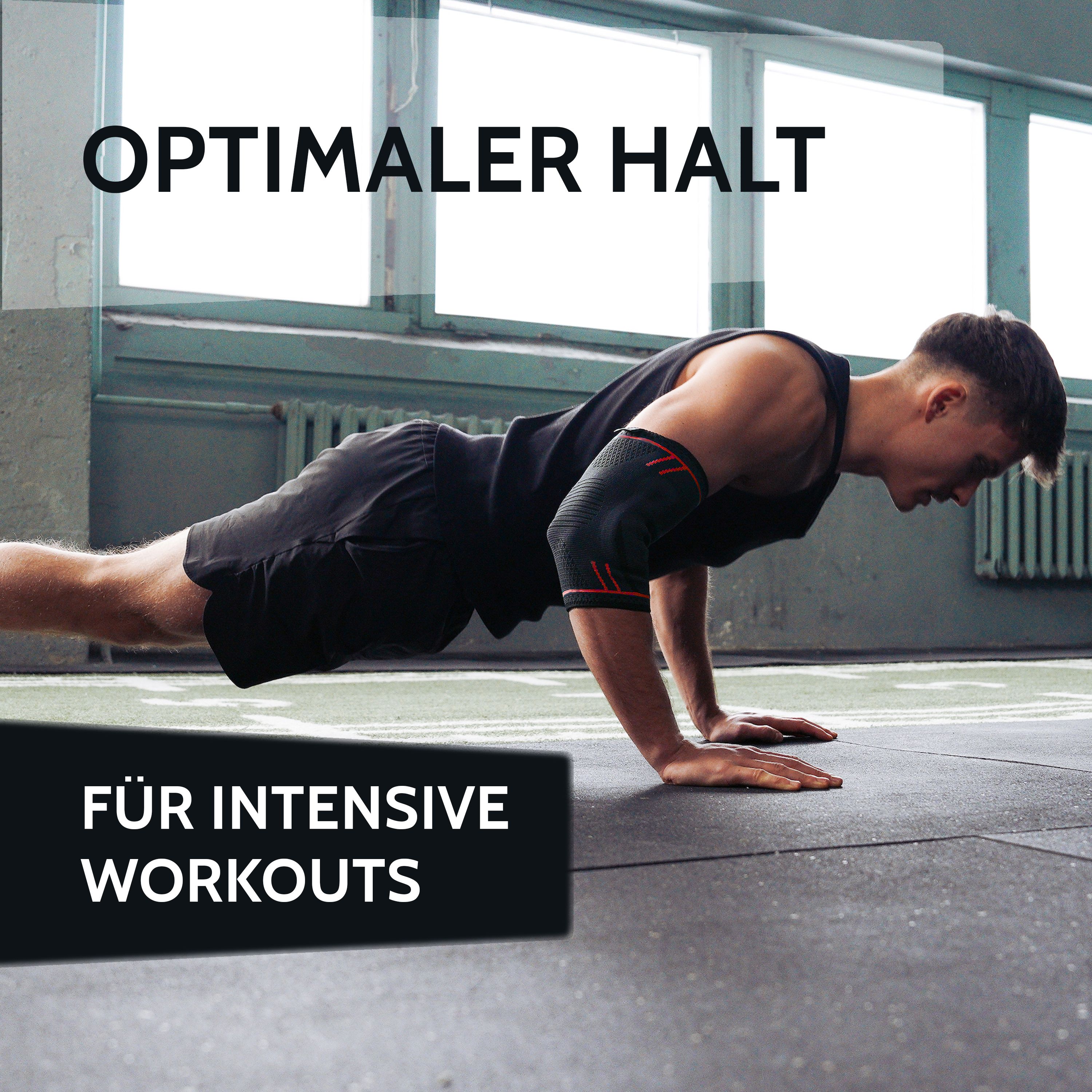 Mann macht Liegestütze. Schwarzes Tanktop. Ellbogenbandage am linken Arm. Fitnessstudio. Text: Optimaler Halt.