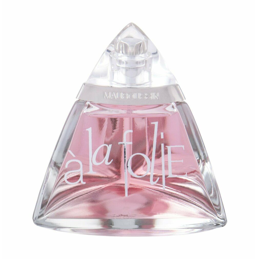 Dreieckiger Flakon mit rosa Flüssigkeit. Aufschrift "à la folie". Transparenter Verschluss.