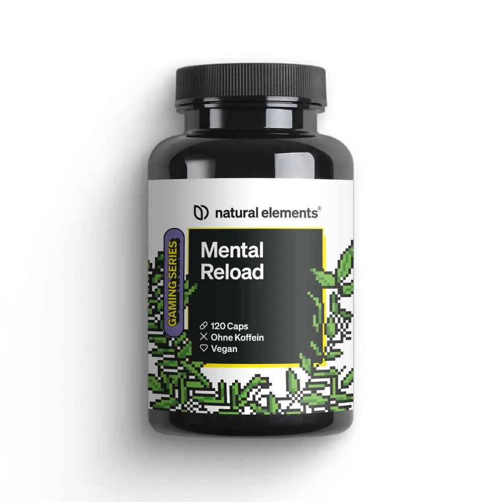 Schwarze Flasche mit weißem Etikett. Aufschrift: Mental Reload, 120 Kapseln, ohne Koffein, vegan. Marke: natural elements.