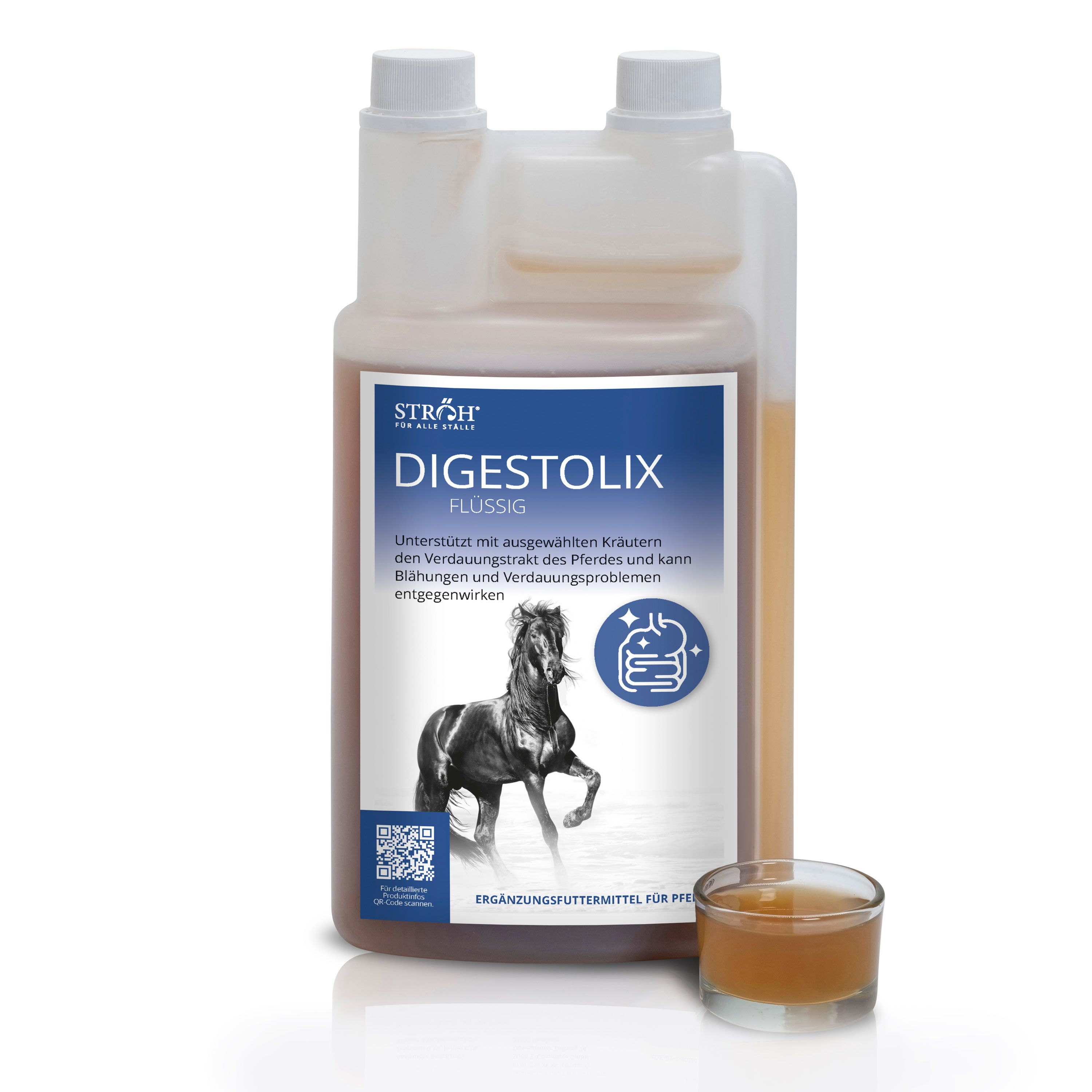STRÖH DIGESTOLIX Flüssig in Flasche. Ergänzungsfuttermittel für Pferde. Mit Messbecher. Produktinformationen.