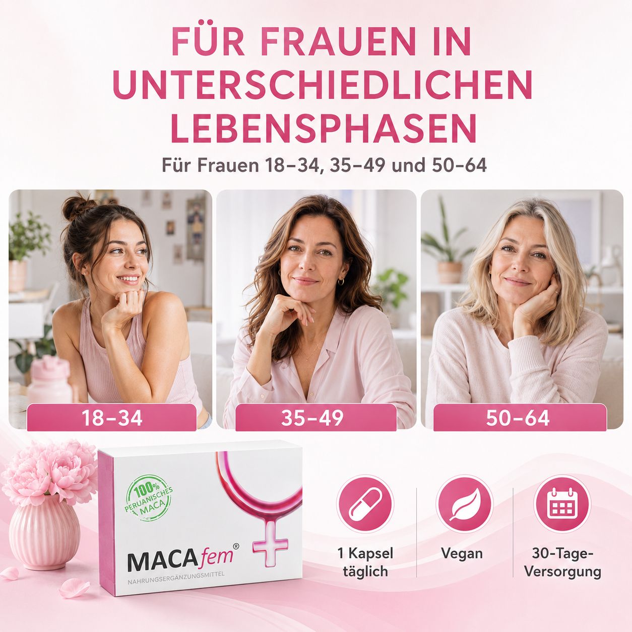 MACAfem Kapseln: 100% peruanisches Maca, 30 Kapseln. Für Frauen.