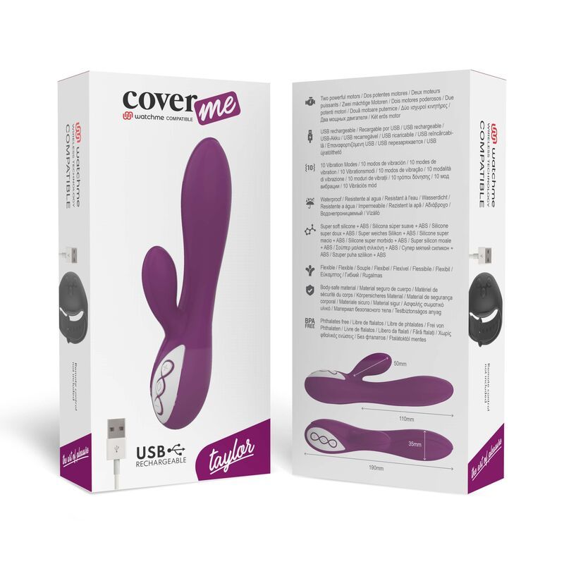 Produktverpackung mit lila Vibrator und Zubehör. Aufschrift: coverme taylor USB rechargeable.