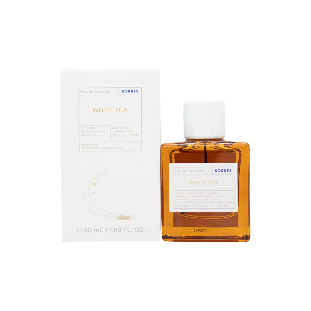KORRES Eau de Toilette White Tea Flakon und Verpackung. Flasche aus bernsteinfarbenem Glas, weiße Box mit Produktnotizen.