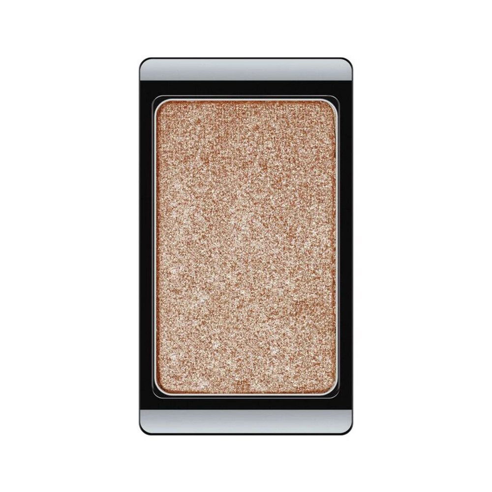 Einzelner Lidschatten in rechteckiger Form. Goldfarbener Schimmer. Schwarzer und silberner Rahmen.